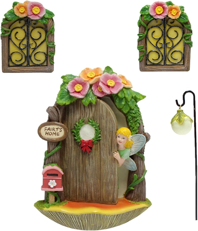 IMOFEE Fairy Door and Windows Garden Kit Accessories Outdoor, Glow in Dark Gnome House for Tree, Lawn Yard Art Sculpture, Miniature Garden Decor (Fairy) - Image 1